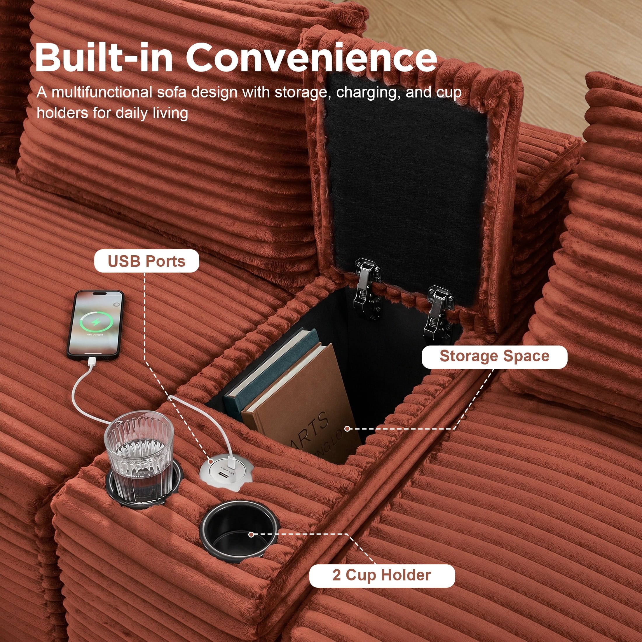 Aenkyo 127" Corduroy U-Shaped Modular Sectional Sofa with Storage Console and Cup Holder, Orange