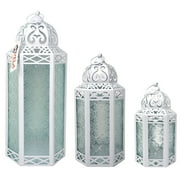 Moroccan Candle Lantern Decorative Set of 3 for Floor, Ramadan Decorations, Indoor Home Decor, Outdoor Patio or Porch, Weddings, White