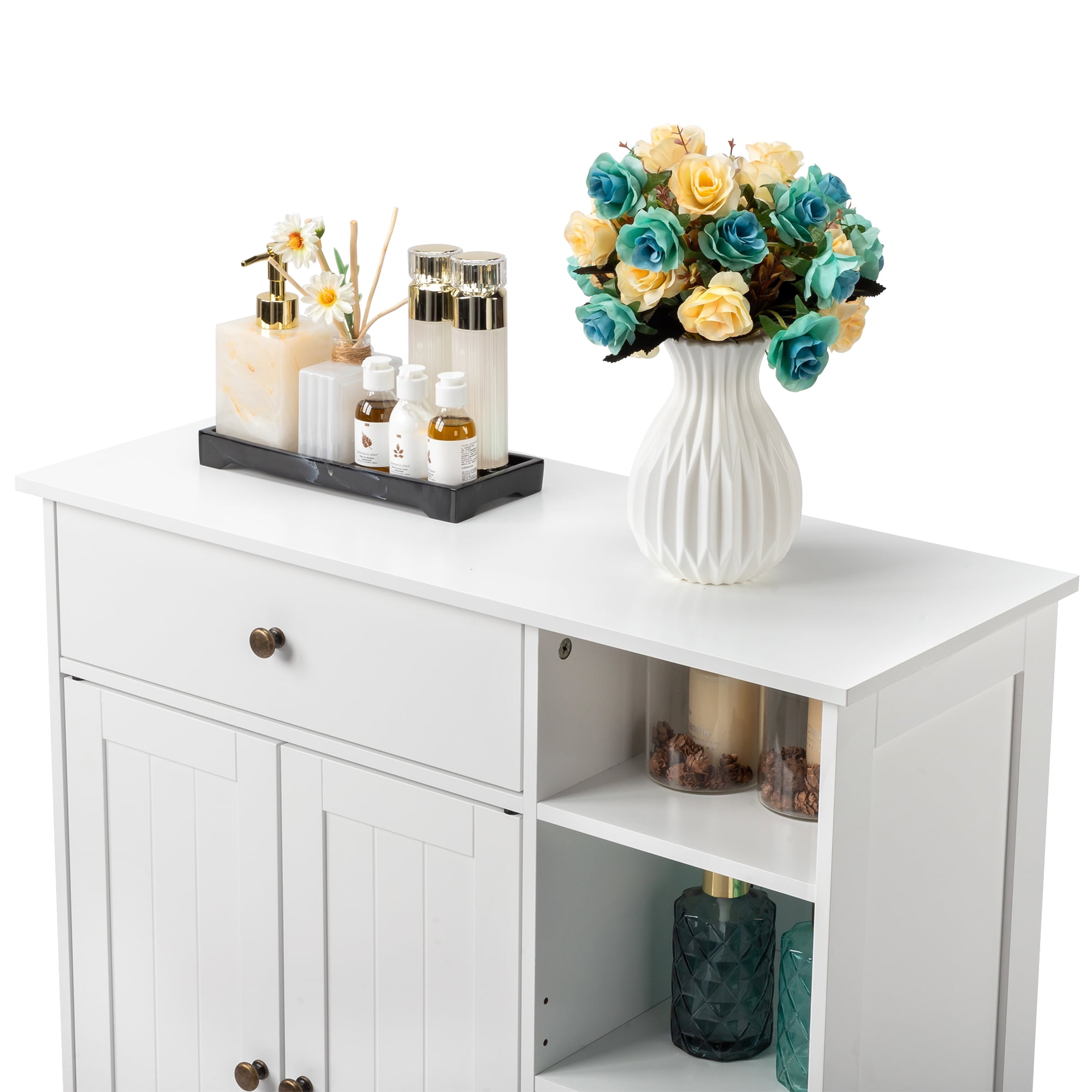 Ktaxon Bathroom Floor Cabinet, Freestanding Storage Cupboard w/ 2 Shelves& 1 Drawer & Three-layer Side Rack, MDF White