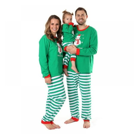 

Matching Family Holiday Pajamas Set Long Sleeve Stripe Trousers Cute Snowman Pattern Green
