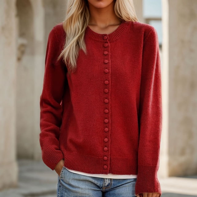 HongQid Women's Long Sleeve Button Down Vee Neck Classic Sweater Knit Cardigan