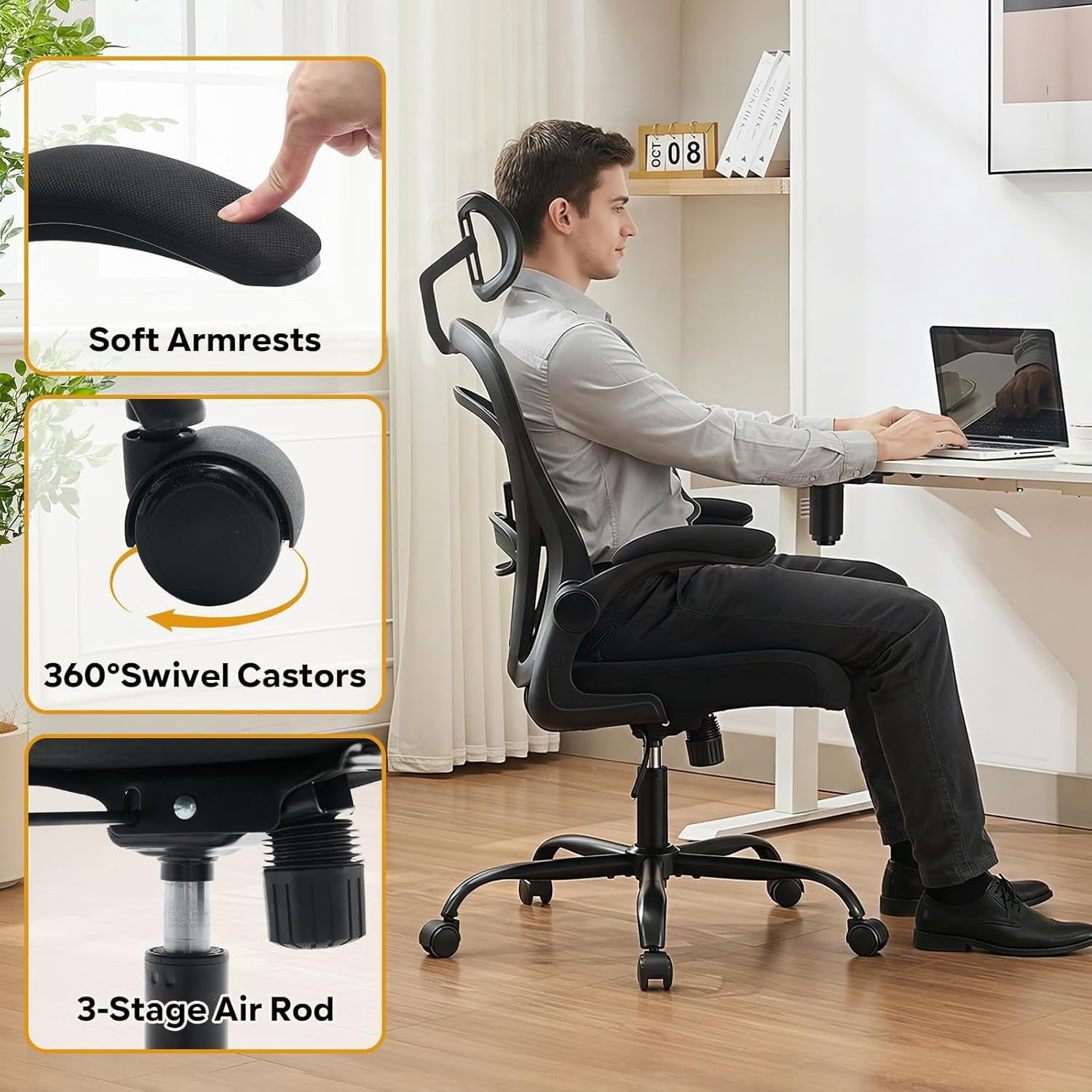 Ergonomic Office Chair, Computer Desk Chair Comfy with Flip-Up Armrests, High Back Mesh Desk Chair with Wheels,Comfortable Armchair for Home Office, Bedroom, Study,Black