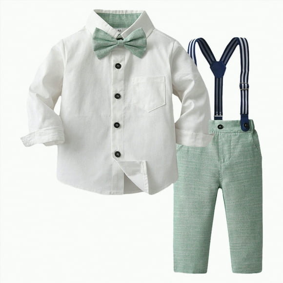 Zanarzt Toddler Baby Boy Clothes Suit Baby Boys Cotton Linen Formal Suspenders Outfits with Bowtie Toddler Long Sleeve Gentleman Wedding Dress Clothes Green,5-6 Years