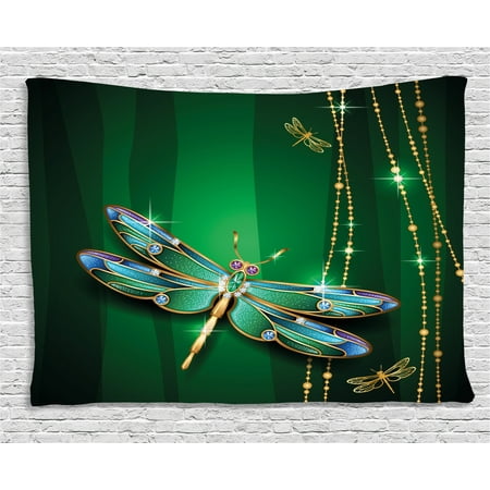 - Dragonfly Tapestry, Vivid Figures in Gemstone Crystal Diamond Shapes Graphic Artsy Effects, Wall Hanging for Bedroom Living Room Dorm Decor, 60W X 40L Inches, Gold Hunter Green, by Ambesonne