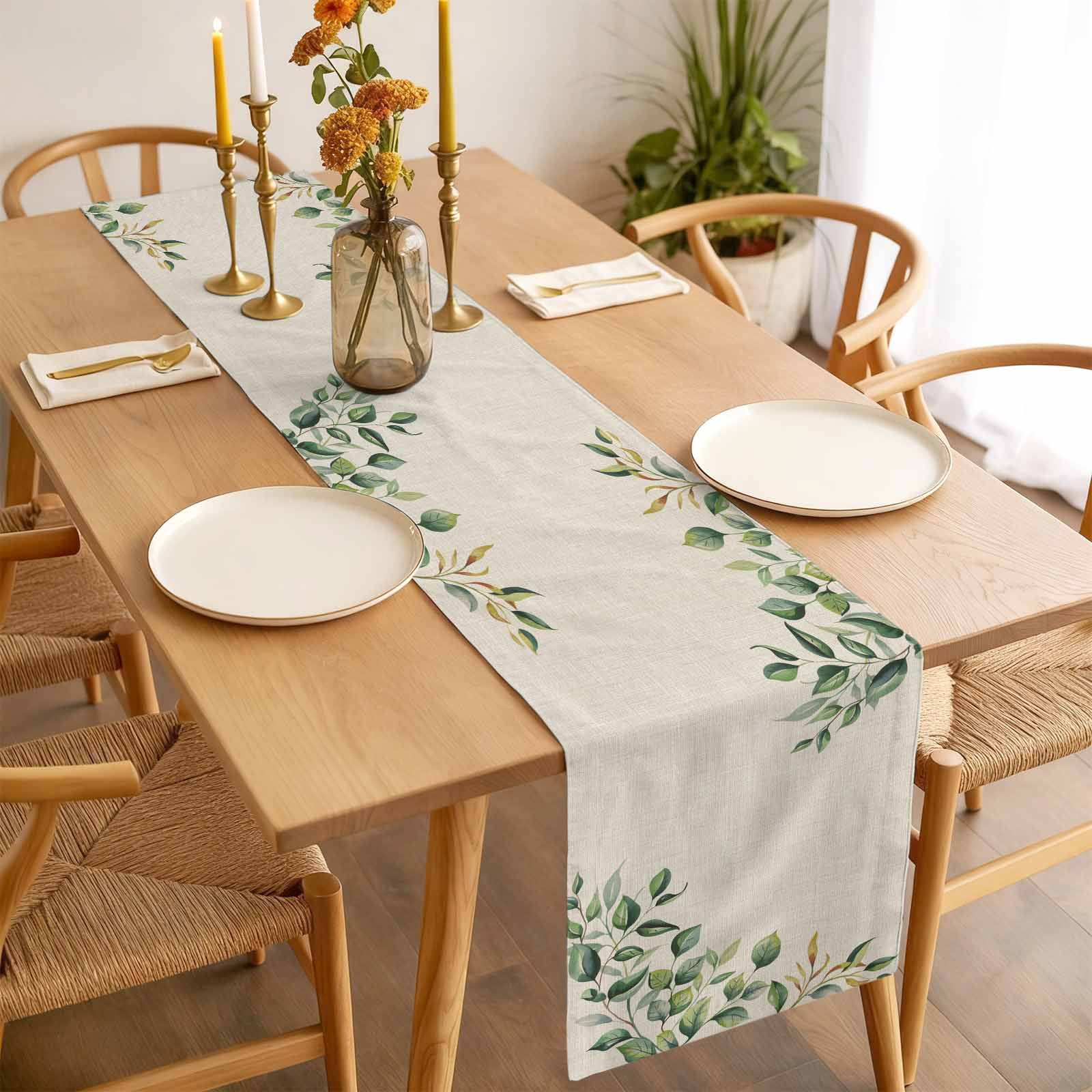 Spring Leaf Cotton Linen Table Runner Summer Floral Countryside Linen Dining Table Runners for Home Decor Party Dining Room Restaurant Kitchen 13" x 90"