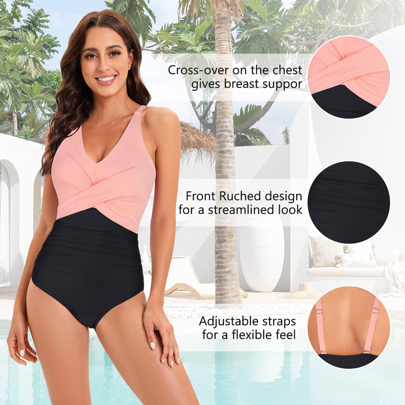 Zando Plus Size One Piece Swimsuit for Women V Neck Tummy Control Bathing Suit Crossover Ruched Stripe Women Swimwear Pink Black 3XL