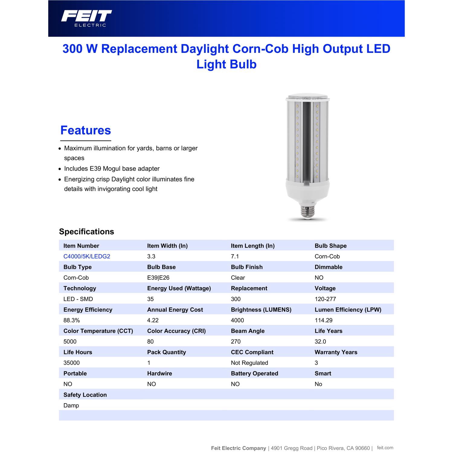 Feit Corn Cob E26 (Medium) LED Bulb Daylight 300 Watt Equivalence 1 pk