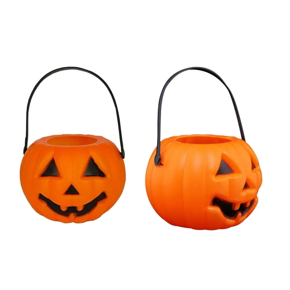 Qocolcyl 3.94in Mini Plastic Jack O Lantern Pumpkin Candy Bucket With Handle, Trick Or Treat Pail, Indoor Outdoor Fall Halloween Party Costume Accessory Small Storage Seasonal Decor