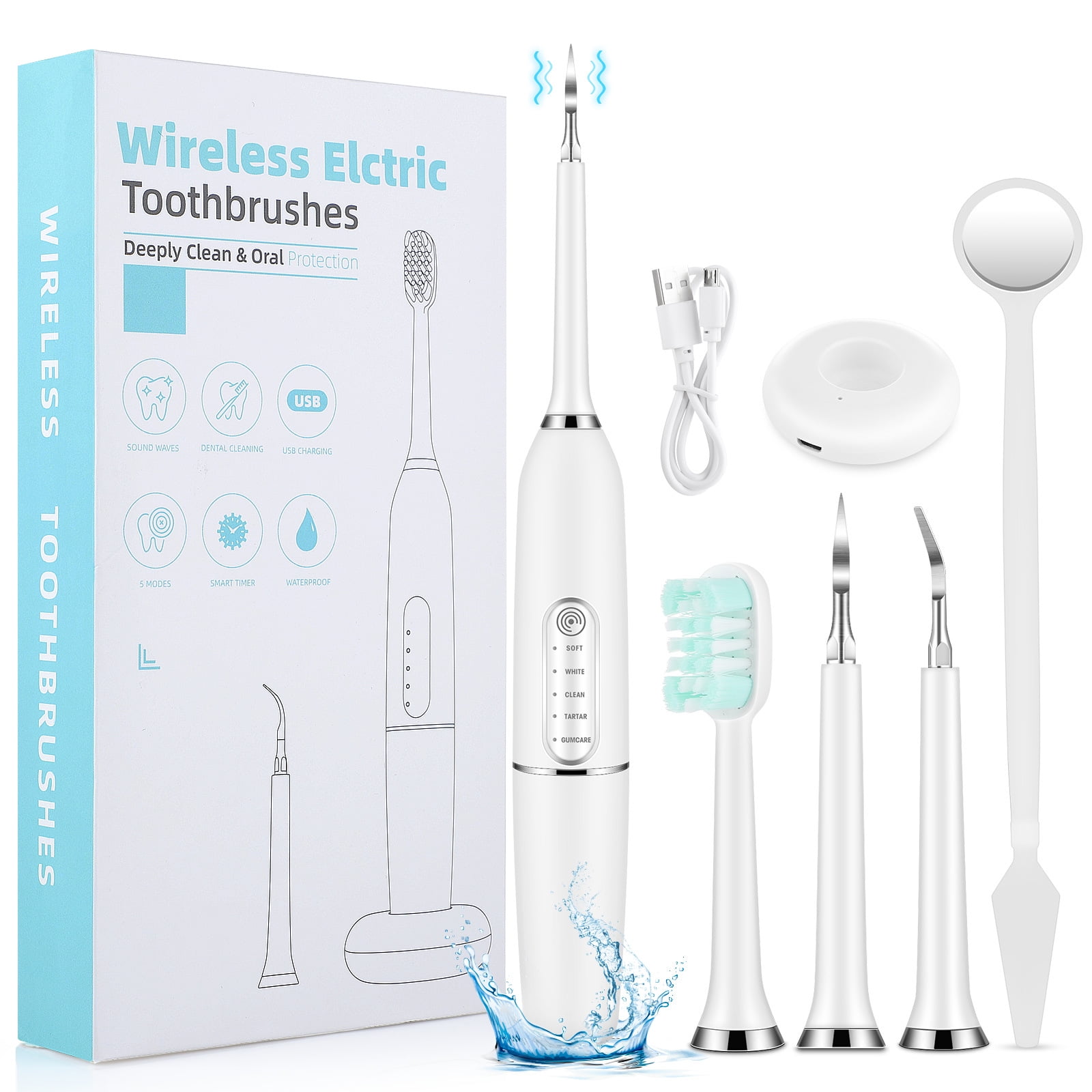 5-in-1 Electric Teeth Cleaner Kit with Sonic Vibration, Portable Oral Care Tool with 2 Plaque Remover Heads, Brush Head, and Dental Mirror for a Deeper Clean