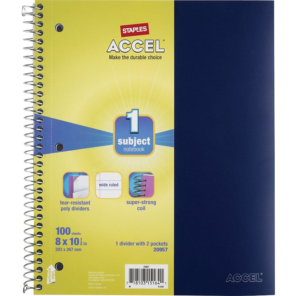 Staples Durable Poly Cover Notebook Wide Ruled Black 8" x 101/2" 12 PK