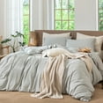 thumbnail image 2 of MooMee Striped Duvet Cover Set Queen 100% Washed Cotton Linen Like Textured Breathable 3-Piece (Heathered Green& White Pinstripes), 2 of 8