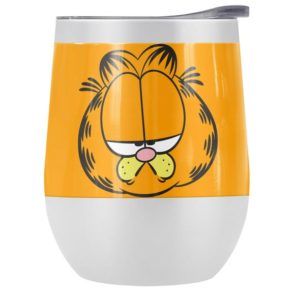 Garfield Official Garfield Big Head 12 oz Stemless Tumbler, Stainless Steel Travel Cup|Lake Tumbler|Insulated with Leak Resistant Slide-Lock Lid, White