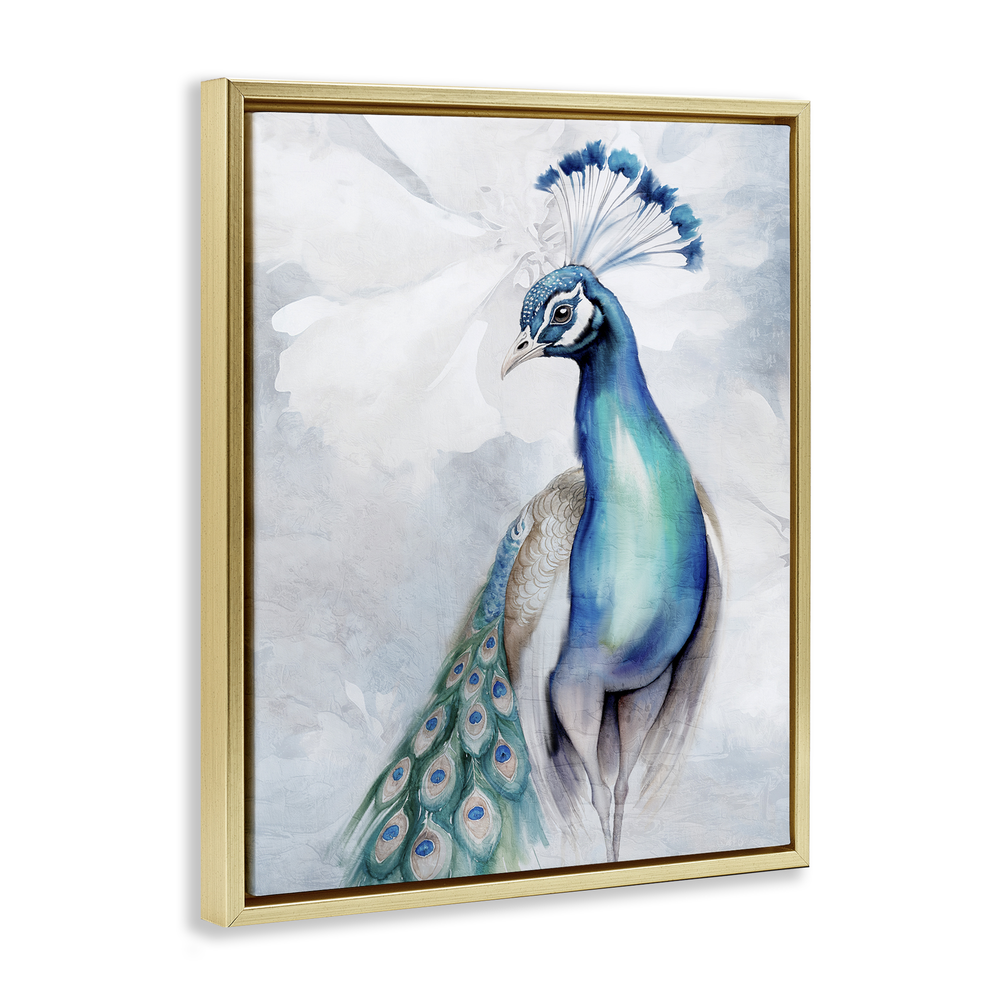 Stupell Industries Soft Elegant Peacock Portrait Animals Painting Gold Floater Framed Canvas Art Print Wall Art, 17 x 21