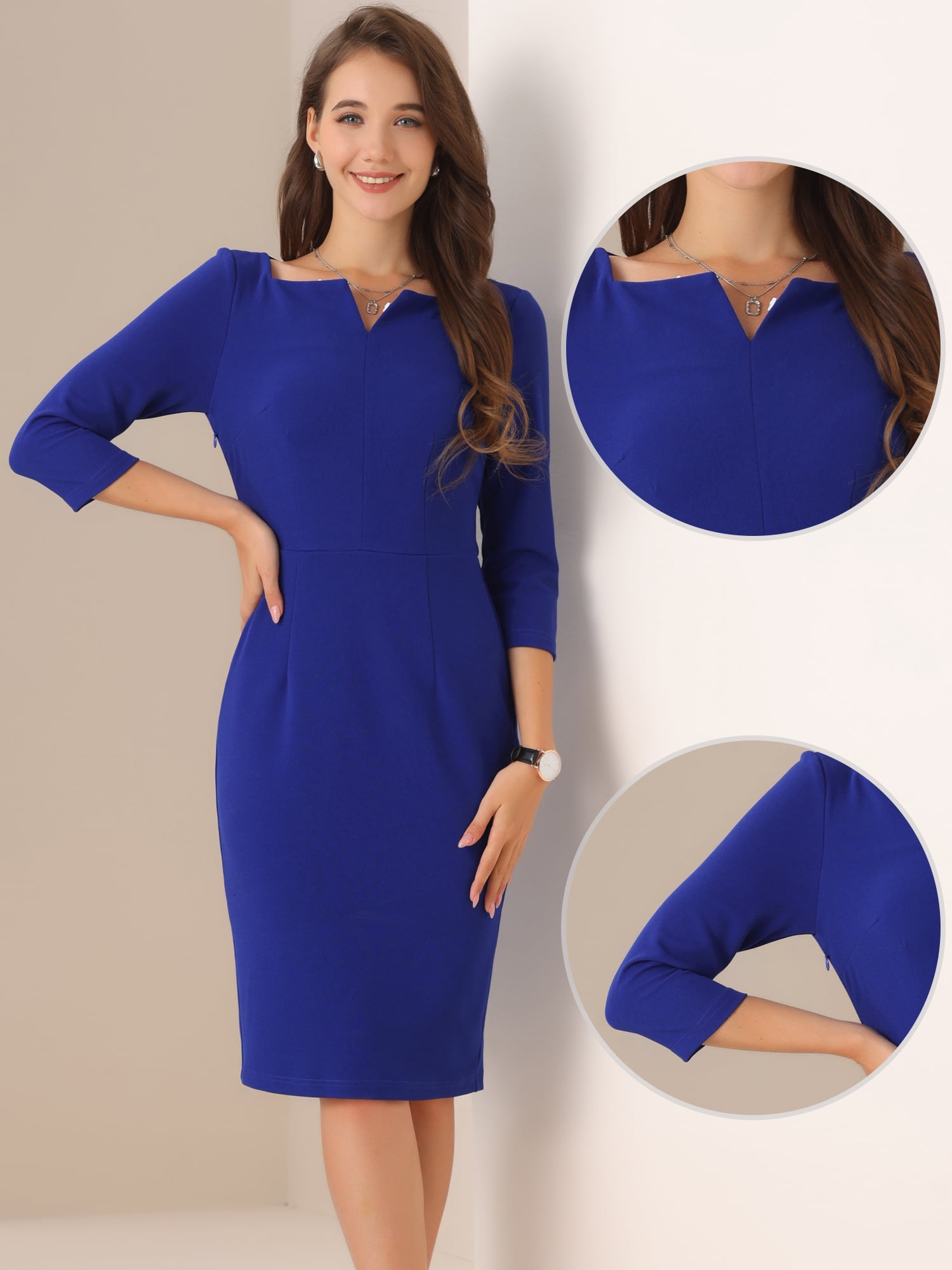 DARING DIVA Women's Notch V Neck Midi Dresses for Work Office Business XS Royal Blue