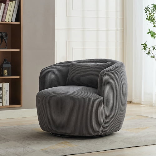 BSHTI 34.25" Wide Upholstered Corduroy 360°Swivel Barrel Soft Accent Chair with Pillow,Circular Reading Armchair for Living Room,Bedroom,Office,Lounge,Charcoal