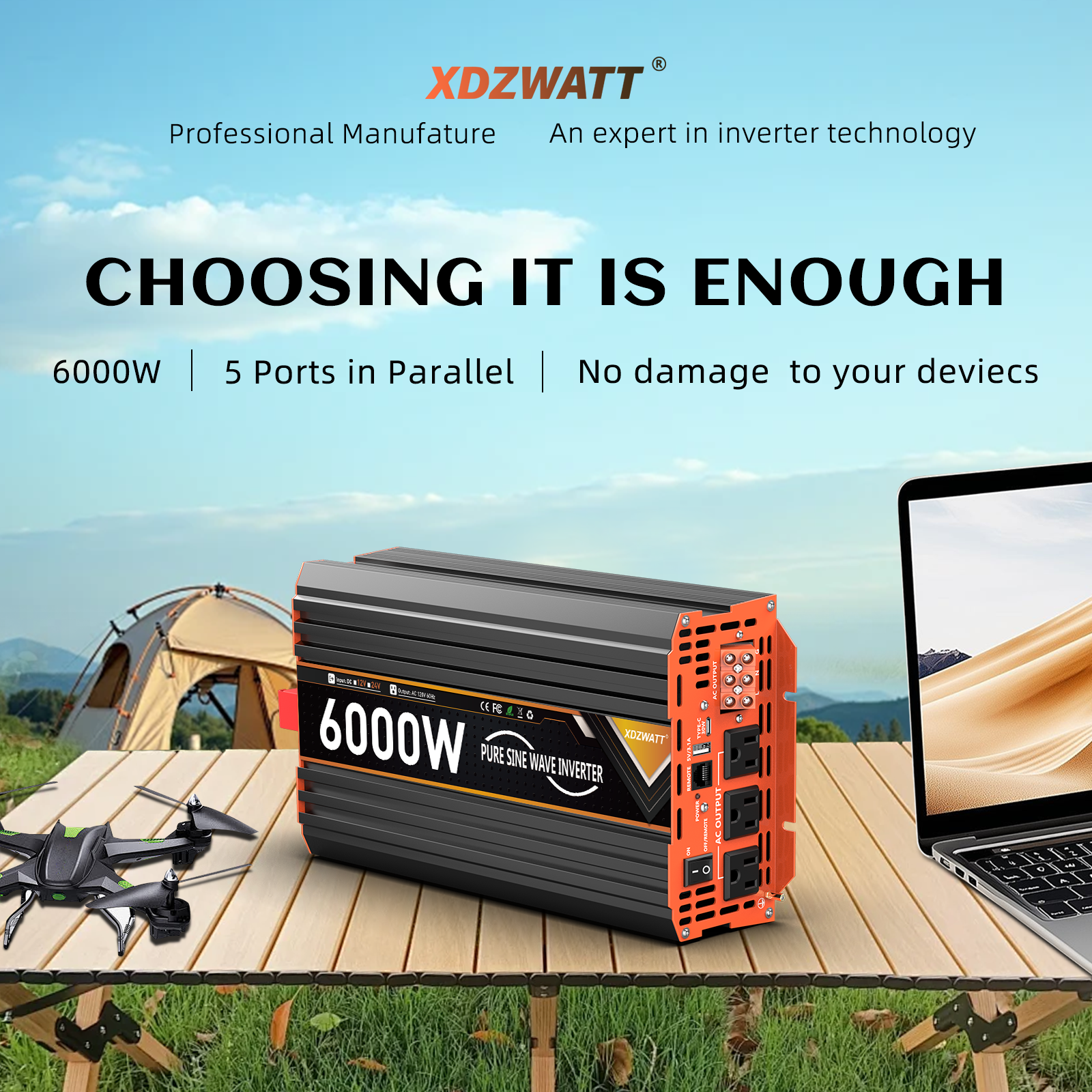 6000W Pure Sine Wave Inverter, 12V DC to 110V AC Car Power Converter, 3 AC Outlets + 2 USB Charging Ports, LCD Display, with Remote Control, Suitable for Vehicles, RVs, Camping and Home Backup Power