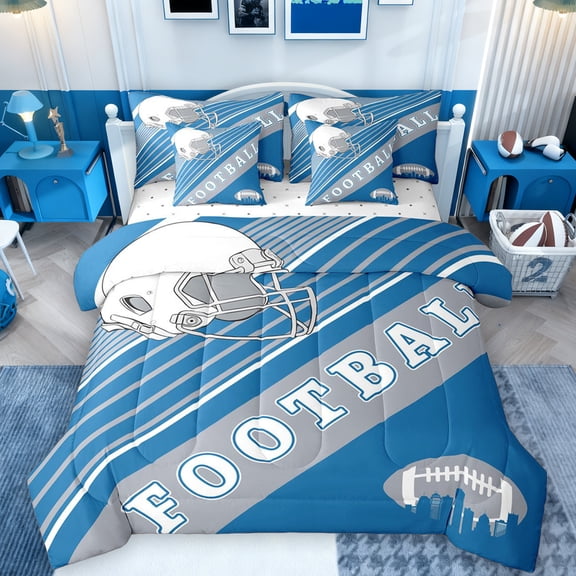 Feelyou Modern Rugby Football Twin Bedding Sets 7-Piece, Cartoon Soccer Helmet Bedding Comforter Set, Blue Grey Abstract Stripes Reversible Sheet Sets, Luxury Bedroom Decor