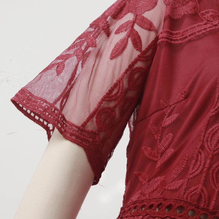 chinese dress ladies Eleter Women's Deep V-Neck Lace Romper Short Sleeve Long Dress (X-Large,  Wine Red) : Amazon.ca: Clothing, Shoes & Accessories main image 0