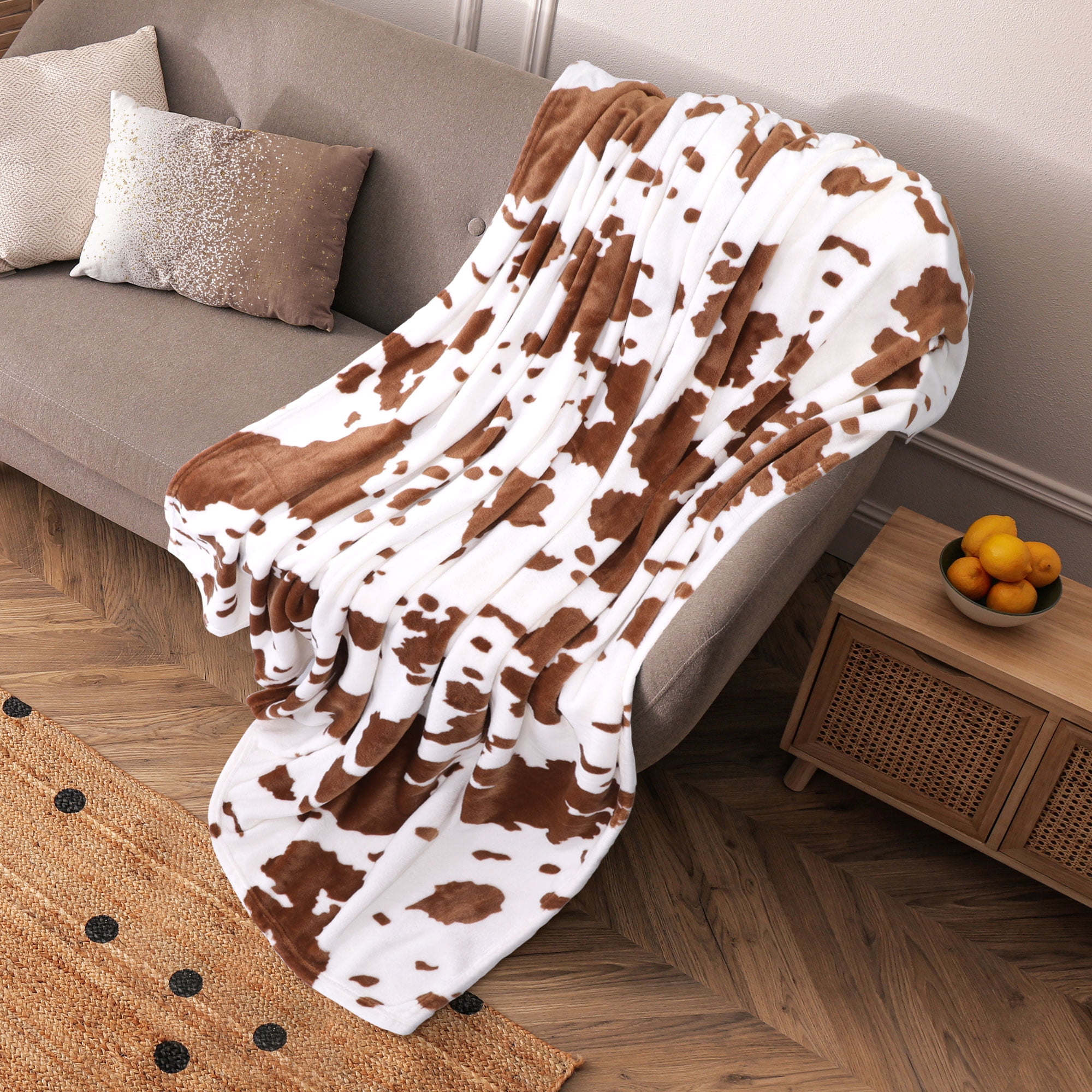 PiccoCasa Cow Printed Soft 300GSM Flannel Throw Blanket Sofa Bed Brown 59" x 79"