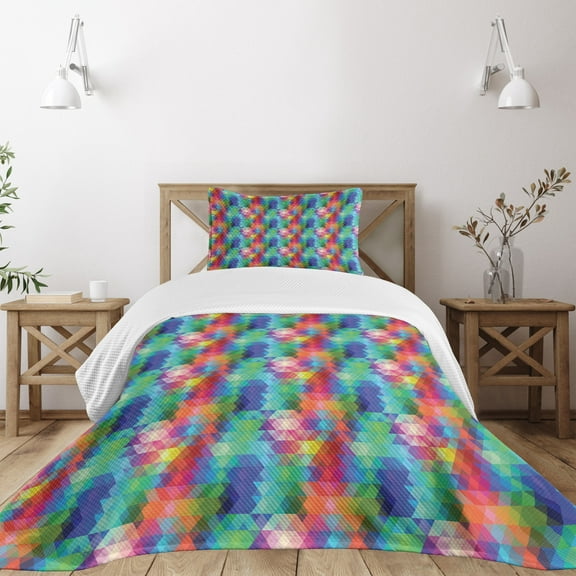 Ambesonne Geometric Quilted Bedspread Set 2 Pcs, Triangles, Twin Size, Multicolor