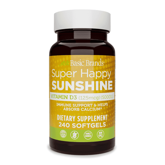Basic Brands Happy Sunshine Vitamin D3, 5000 IU, Supports Bone & Immune Health, Dietary Supplement - 240 Count
