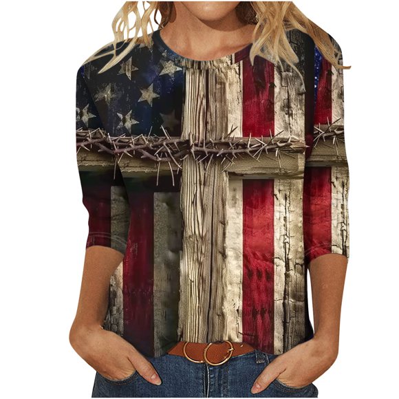 Moxiu Womens Tops 4th of July Star Stripes Shirts 3/4 Sleeve Crewneck Shirt USA American Flag Print Festivel Patriotic T Shirt 2025 Blue,XL