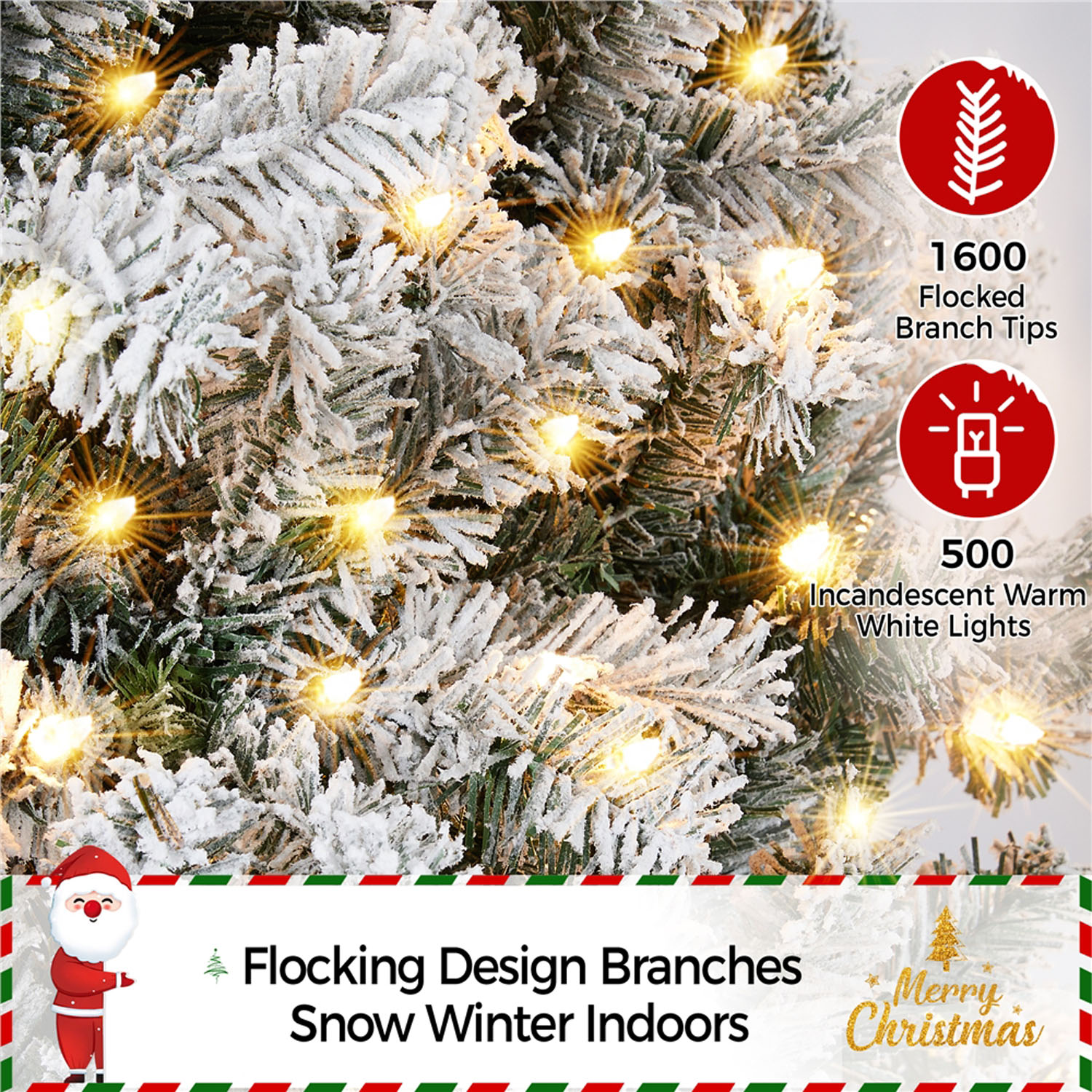 Alden Design 9ft Pre-Lit Flocked Pencil Christmas Tree with Warm White LED Lights, Green