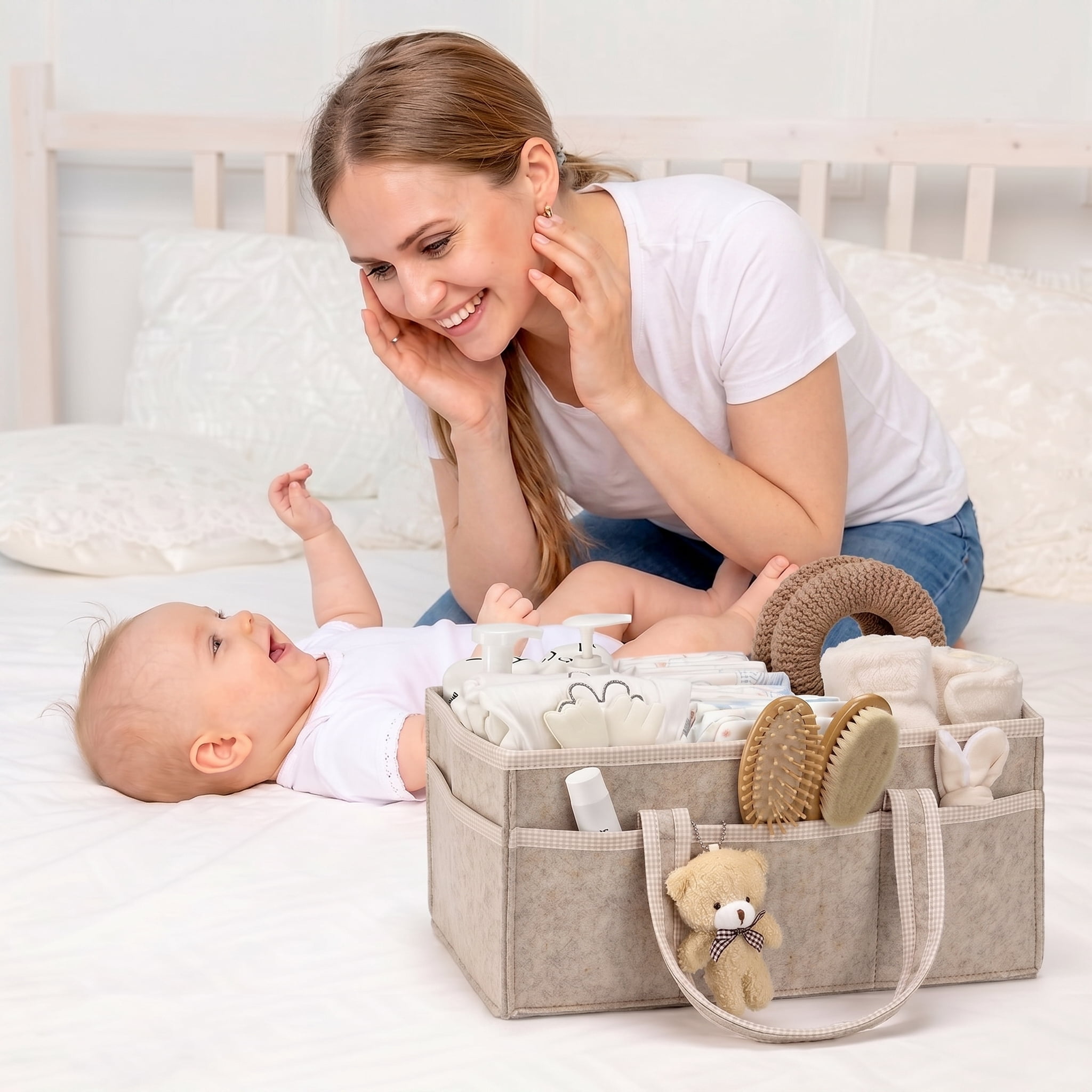 Baby Diaper Caddy Organizer, Portable Nursery & Car Storage Bin for Diapers & Wipes, Baby Registry Must Have, Boy & Girl Baby Shower Gift