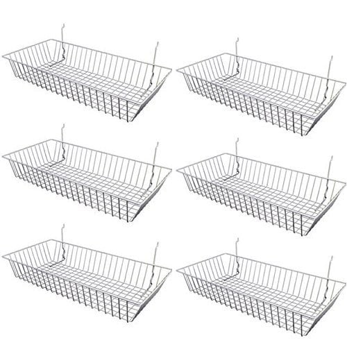 Only Paniers en Fil pour Gril, Mur à Lattes Ou Panneau Perforé - Parfait pour Usage Commercial Ou Organisation Domestique - Panier en Fil 24” L x 12” P x 4” H (Ensemble de 6) Noir, Blanc et Chrome (Blanc)