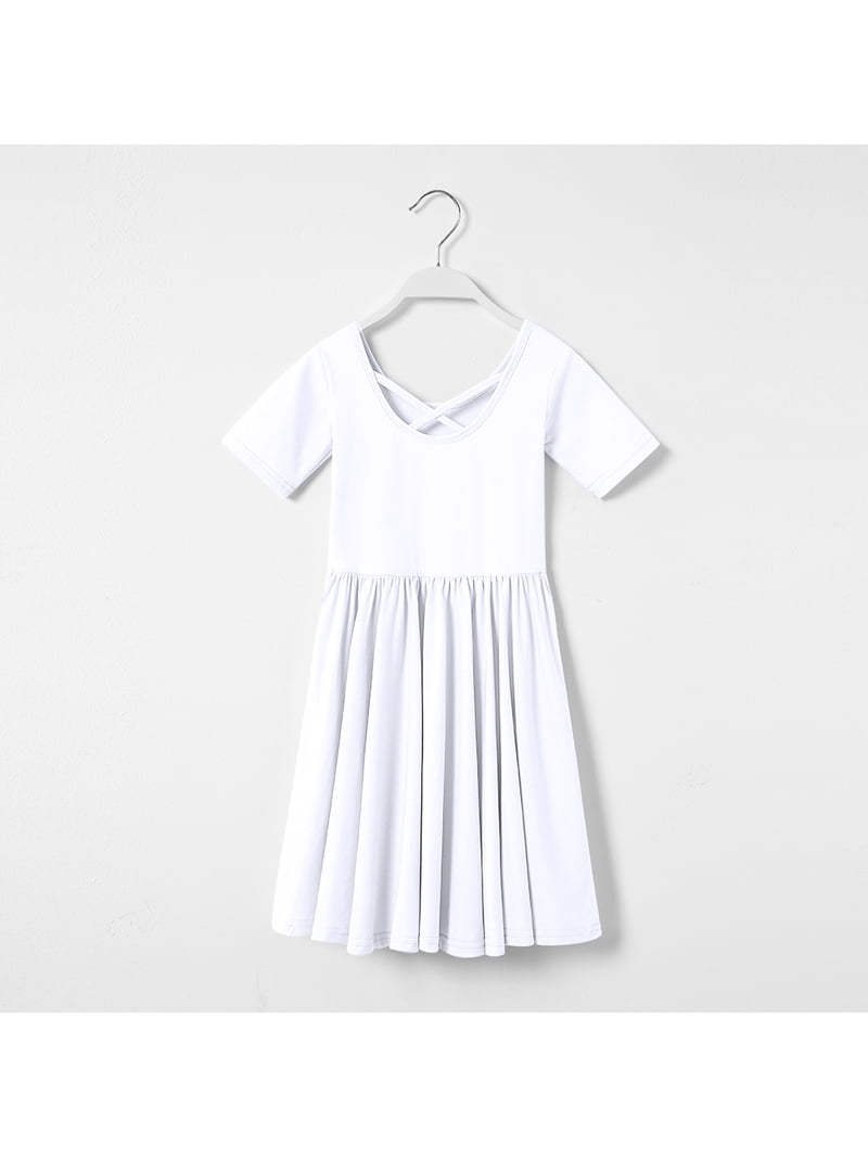 white skater dress knee length Stelle Short Sleeve Sundress A-Line Knee Length Flared Swing Cross Back Skater  Skirt Midi Dress for girls,White,5T