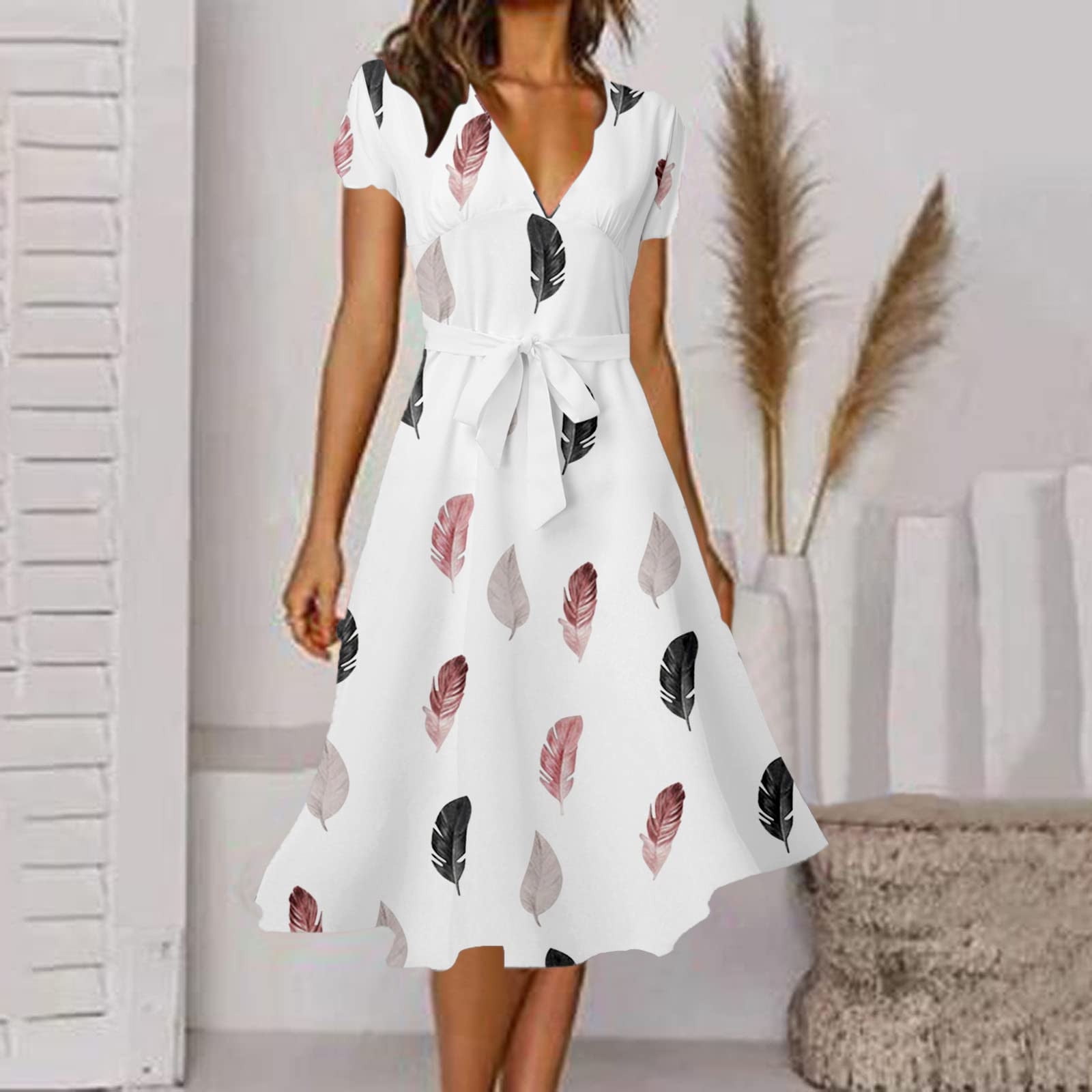 Auroural clearance dress plus size Women's Fashion Sexy Vintage V Neck  Short Sleeve Printing Party Dresses