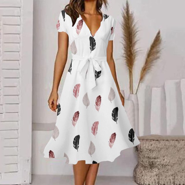 Fankiway Mode Femme Aguichant Vintage Col en V Manches Courtes Imprimé Robes de Soirée Robes Grande Taille Liquidation Robes Grande Taille Liquidation