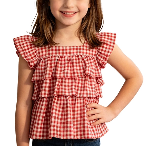 LEKWK Girls Gingham Top Toddler Tiered Ruffle Cap Sleeve Cute Tank Tops Square Neck Tie Back Babydoll Shirts Kids Summer Back to School Outfits Size 3-10Y