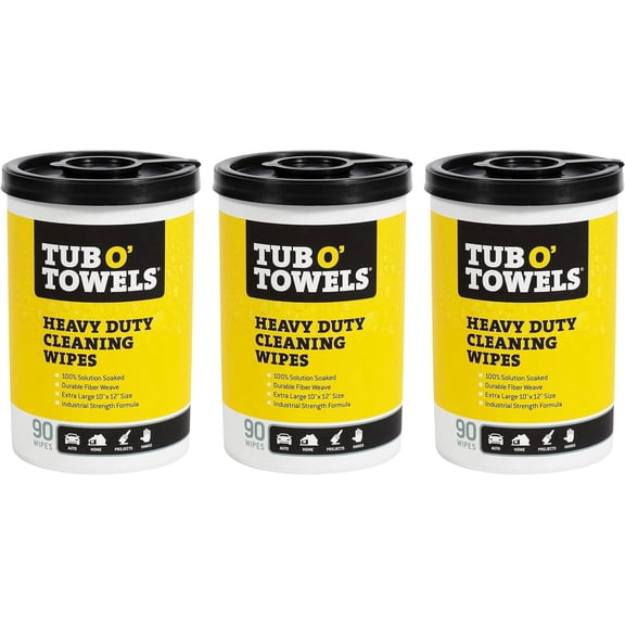 Tub O Towels TW90 Heavy-Duty 10" x 12" Size Multi-Surface Cleaning Wipes, 90 Count Per Canister 3 Pack