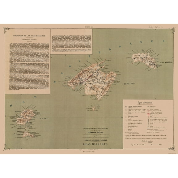 Historic Map - Balearic Islands Spain - Valverde 1880 - 31.35 x 23 - Vintage Wall Art