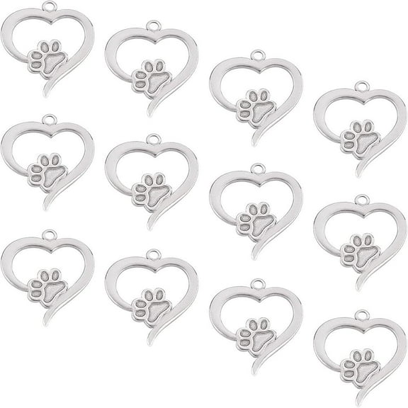 304 Stainless Steel Pendant Cabochon Settings For Enamel Heart with Dog Footprint Stainless Steel Color 27.5x25x2mm Hole: 2mm 12pcs