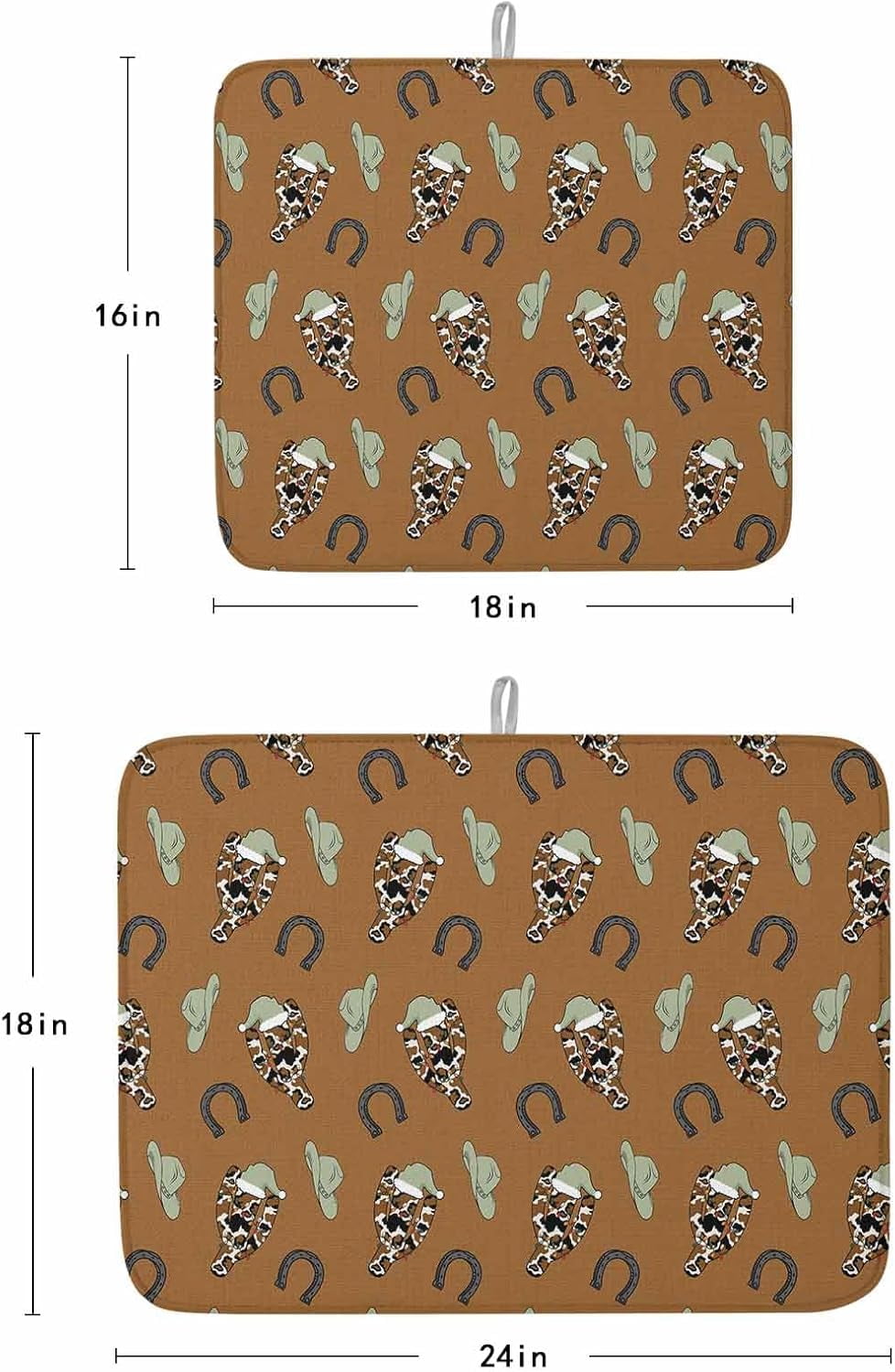 Cowboy Christmas Dish Drying Mat for Kitchen Counter, Western Brown Cactus Xmas Sage Green Baby Bottle Microfiber Drying Pad, Absorbent Coffee Cup Dishes Drainer Mats 16"x18", 2 Pcs