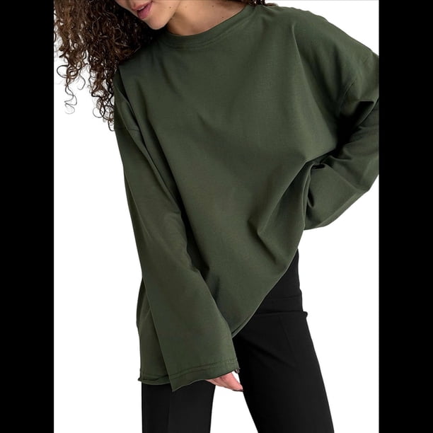Camisetas de Larga con Cuello Redondo Extragrande para Mujer, Blusas Básicas de Otoño, Ropa Informal de Entrenamiento Y2K. Verde L