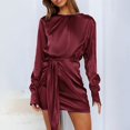 thumbnail image 3 of sunsanly Women Spring Dress Smooth Surface Soft Long Sleeves Round Neck Tight Waist Dress-up Satin Above Knee Lady Fall Mini Dress Female Garment, 3 of 8