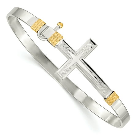 925 Sterling Silver 14k Yellow Gold Accent Cross Religious Hook Catch Bangle Bracelet Cuff Expandable Stackable Clasp Gifts For Women For Her