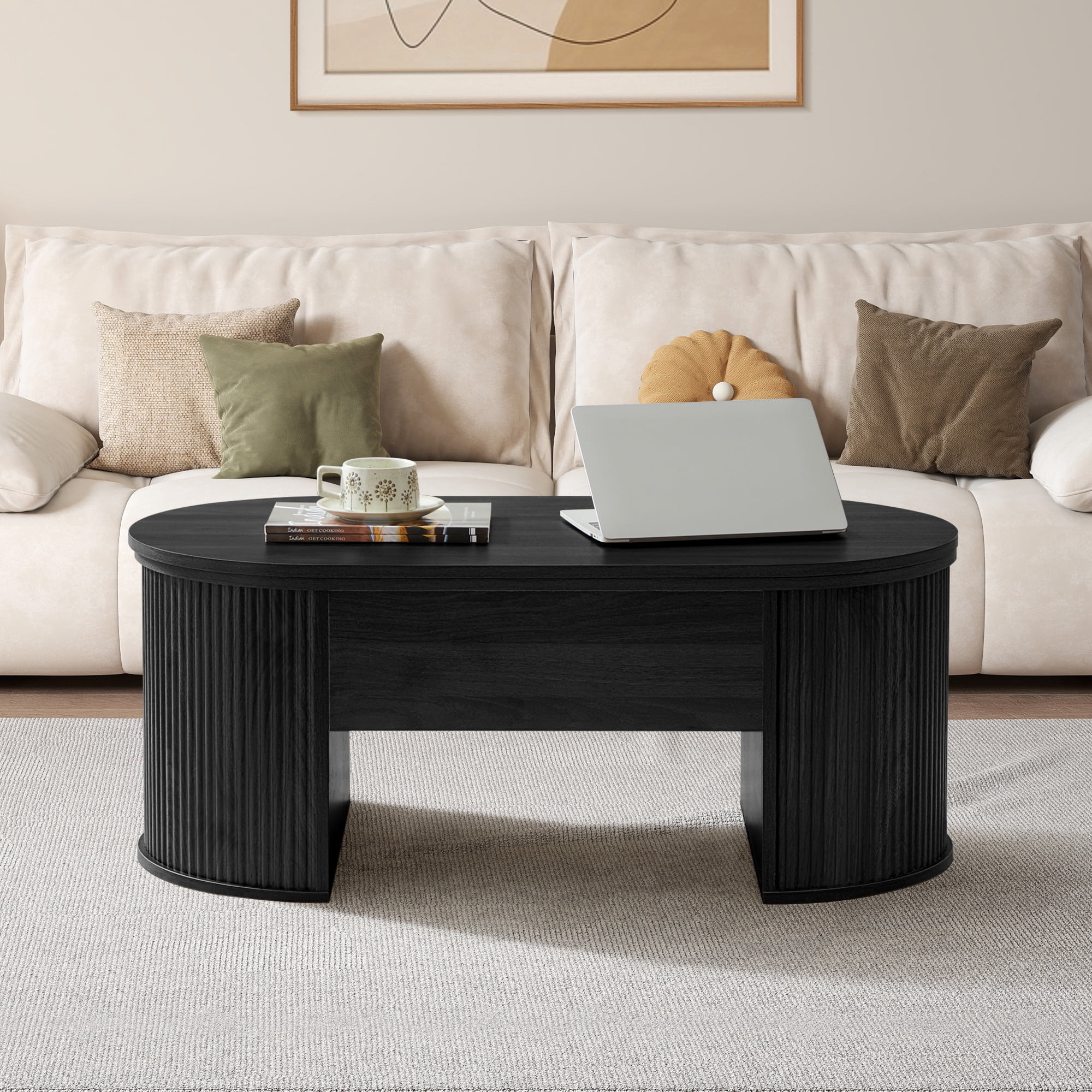 Wirrytor Lift Top Coffee Table with Storage and Open Storage Shelf, Oval Coffee Table  for Living Room, Elliptical Arc Design,Waveform Panel, Fluted Center Table,Black