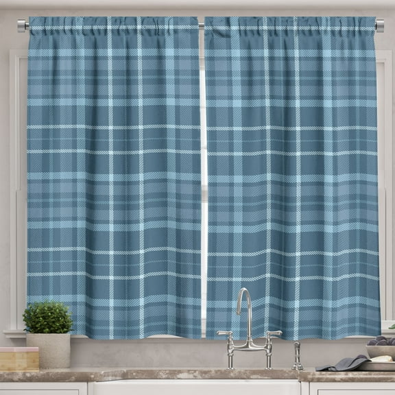 Ambesonne Plaid Kitchen Curtains, Rhythmic Rustic Checkered, 55"x45", Slate Blue and Blue Grey