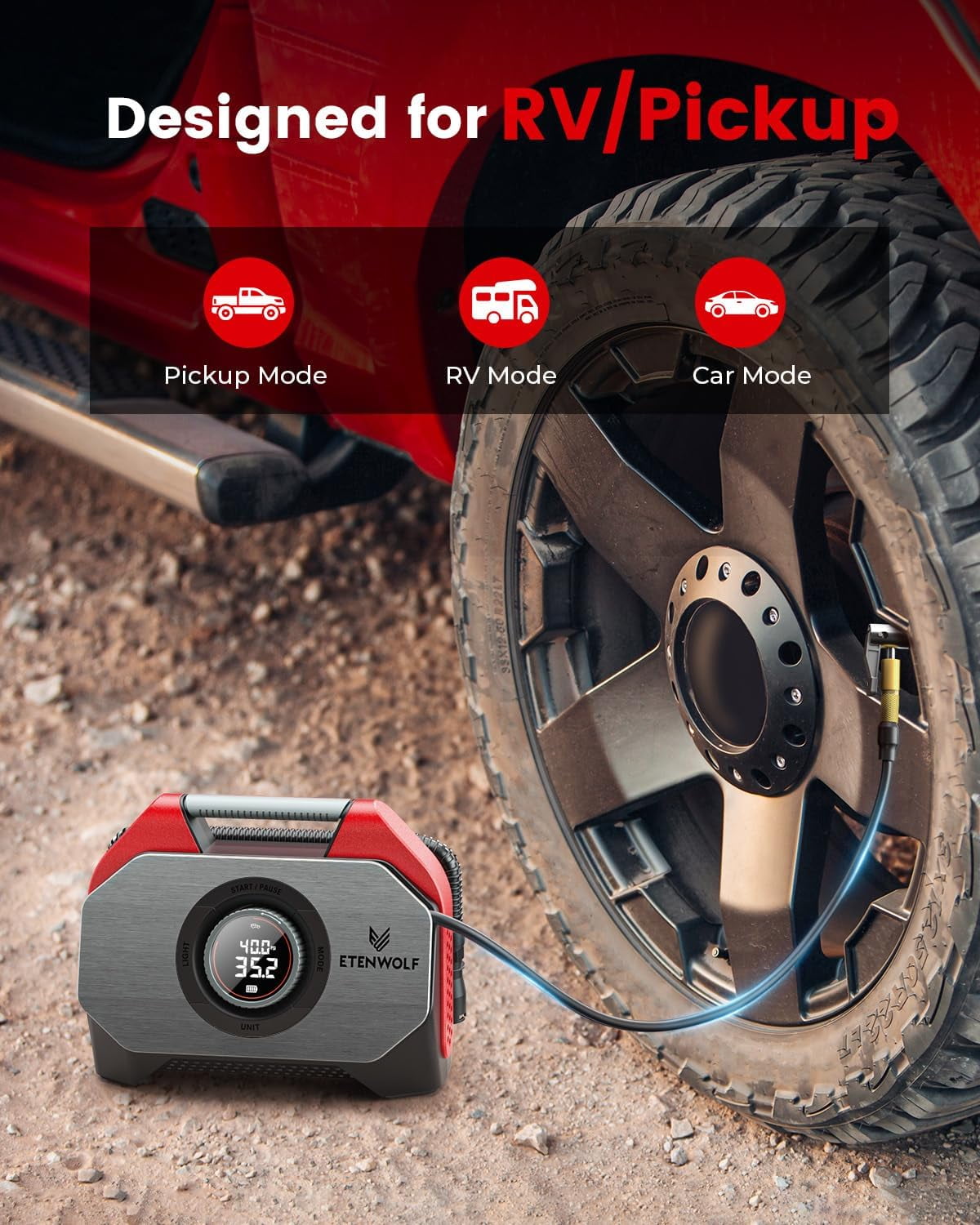 ETENWOLF Cordless Tire Inflator Portable Air Compressor, 160 PSI Air Pump for Car Tires with 15600 mAh Battery, Air Pump for Heavy-duty Vehicle, Red