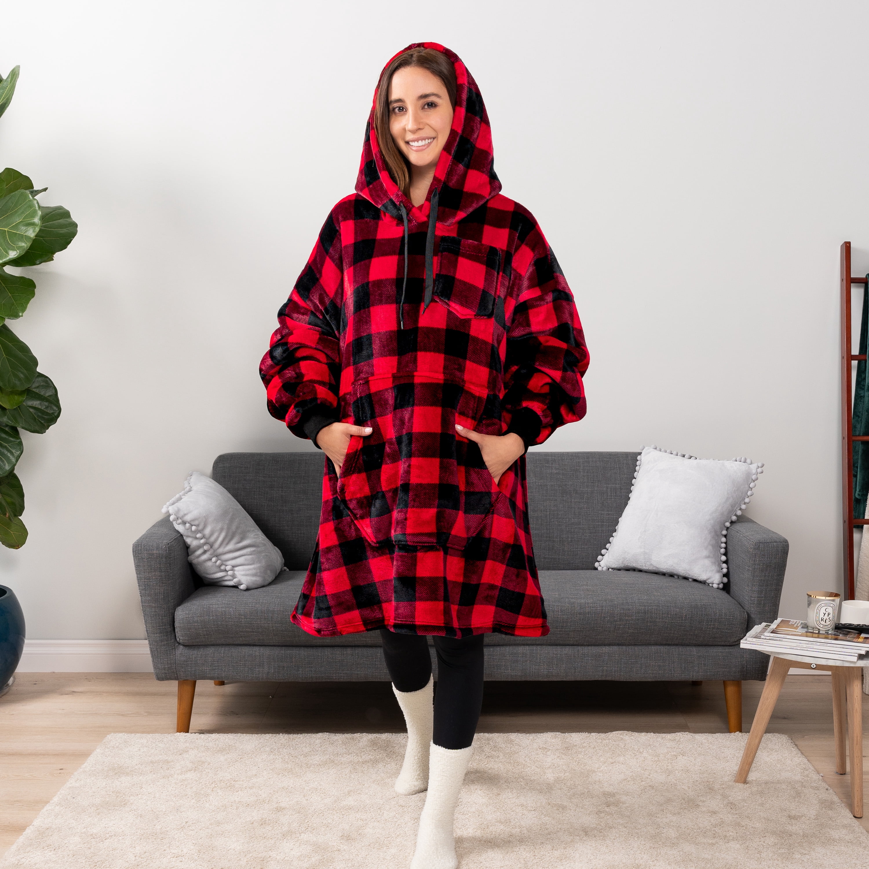 PAVILIA Blanket Hoodie for Women Red, Sherpa Wearable Blanket Men, Cozy Oversized Sweatshirt Blanket, Warm Fleece Hooded Blanket Sweater with Sleeves and Giant Pocket, Checker Red