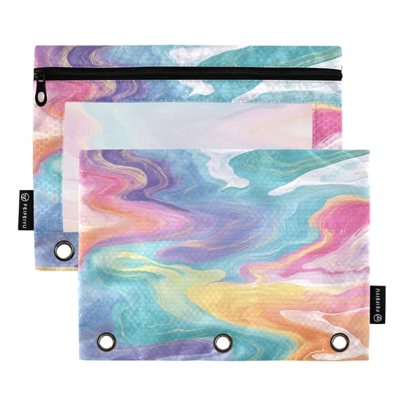 2 Pack 3 Ring Binder Pouch with Clear PVC Window Water Resistant Zipper Pencil Pouch Rainbow-colored Twists Binder Pocket for Classroom Office Home Stationery Organization