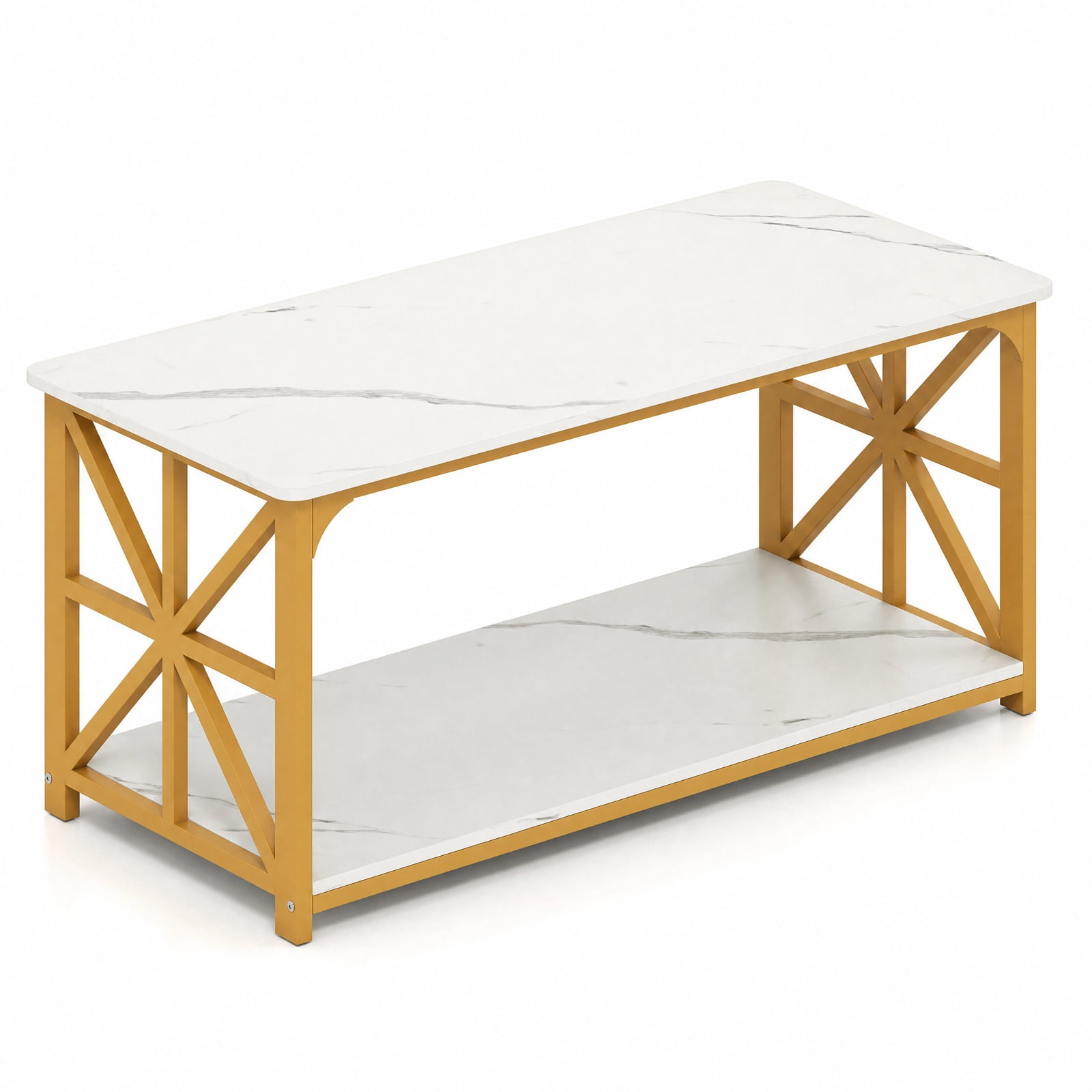 Furnibear 2-Tier Modern Center Coffee Table with Bottom Storage Shelf and Gold X-Accent Carbon Steel Frame for Living Room, White