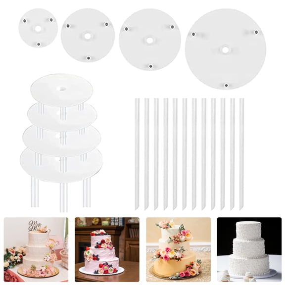 Conditiclusy 1 Set Reusable Round Cake Spacers Waterproof BPA Free Stacking Cake Stand 12 Cake Rods 4 Cake Separator Plates for Cakes of 4/6/8/10 Inches