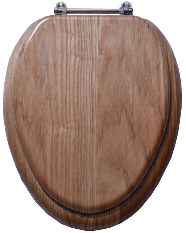 Solid Wood Toilet Seat Oak Round Wooden Finish Chrome Hinges Natural Cabin 