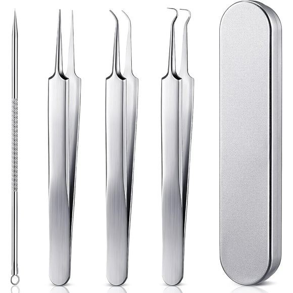 SURJDE Blackhead Remove Tools 4 Pieces Ingrown Hair Removal Kit 3 Stainless Steel Blackhead Tweezers with Needle Pimple Comedome Extractor Punch Blemish Tool Set with Metal Case for Women Gi