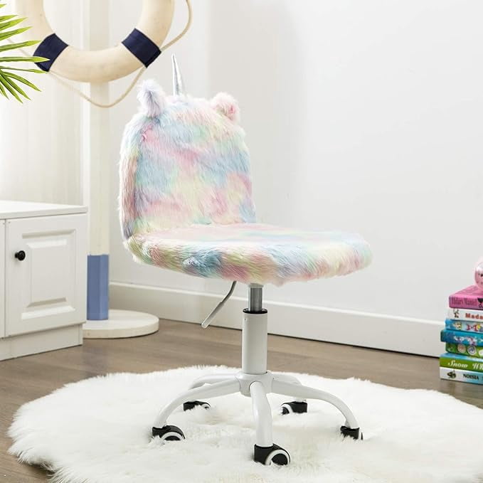 Guyou Cute Fuzzy Kids Chair, Faux Fur Rolling Swivel Children Desk Chair, Adjustable Student Task Chair Vanity Chair with Unicorn Shaped Back for Bedroom Living Room Study Room Kids Room , Colorful